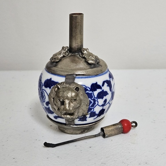 Other - Antique 19th Century Chinese Tibetan Pewter Porcelain Snuff Bottle Blue White
